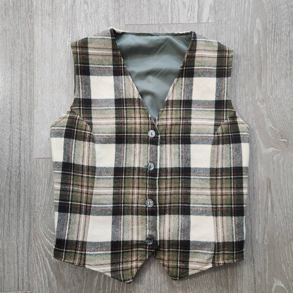 Vintage Checkered Irish Wool Vest Size XS (Green, Brown, Beige) - Picture 1 of 6